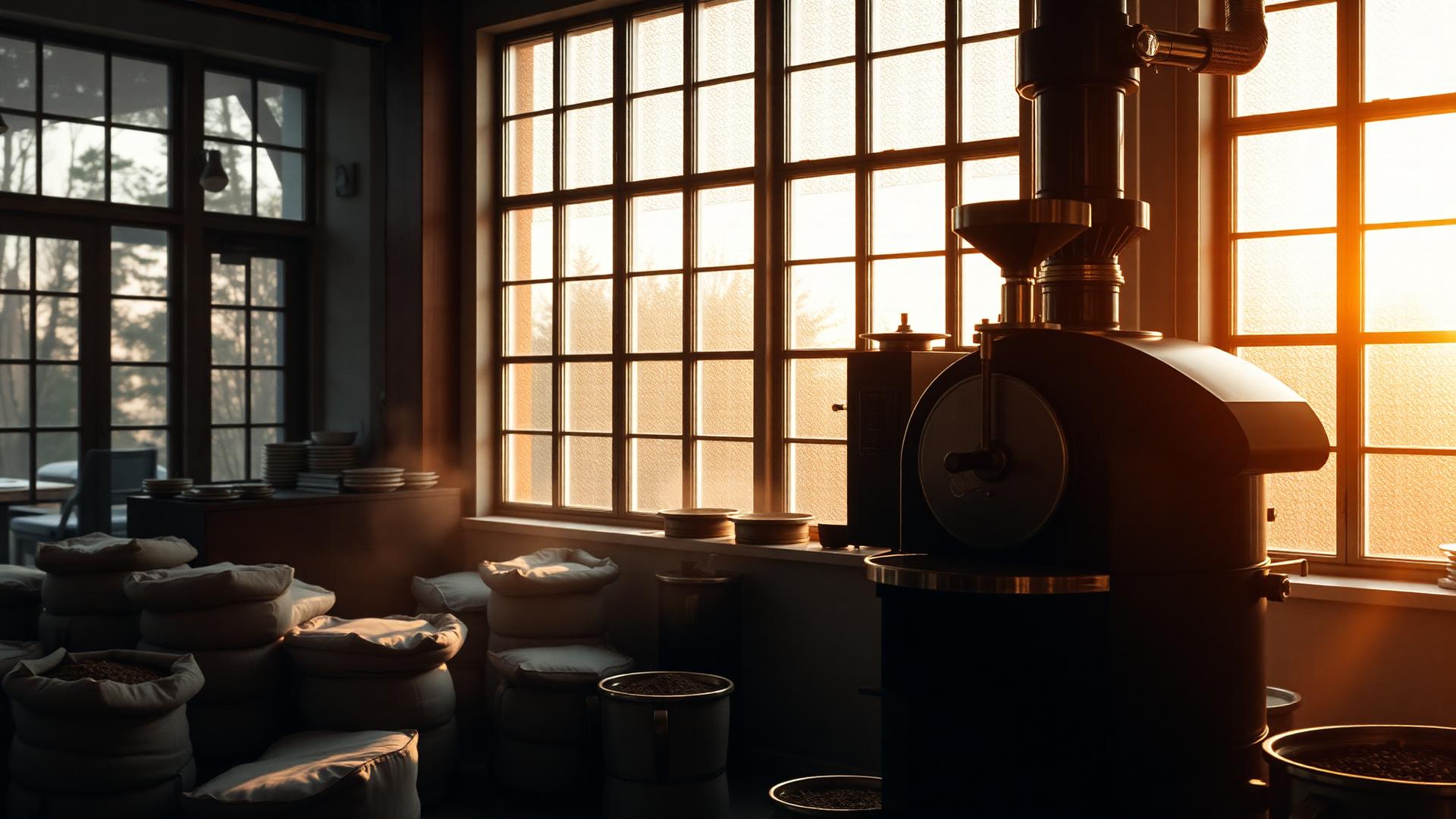 A quiet roasting room at golden hour
