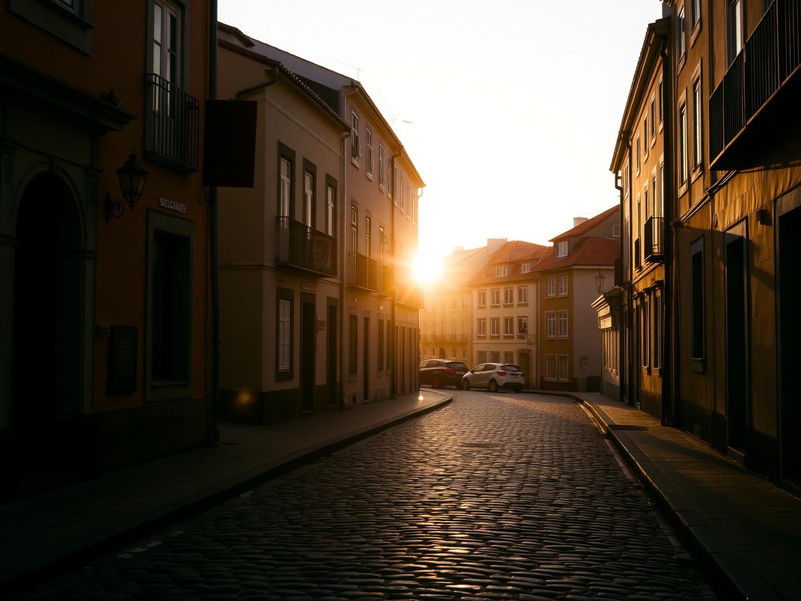 Setubal street at sunrise and coastal Portuguese atmosphere