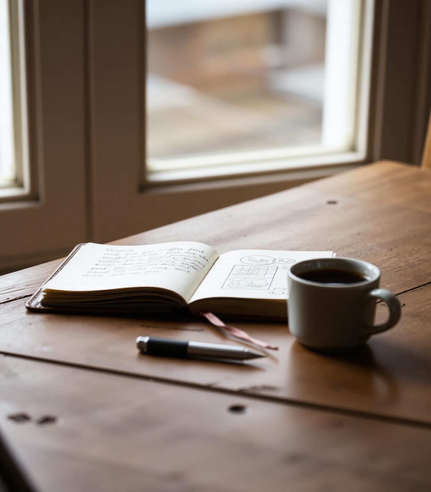 A handwritten notebook with coffee notes beside a quiet cup