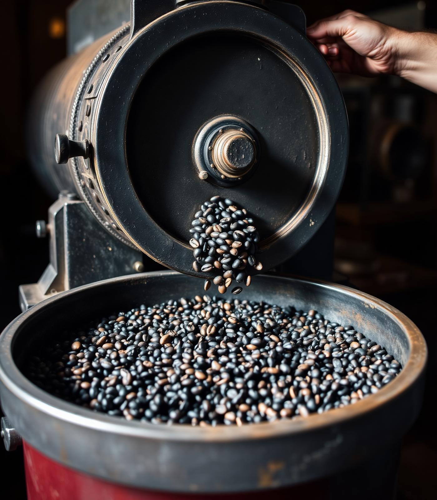 Drum roaster releasing freshly roasted coffee beans