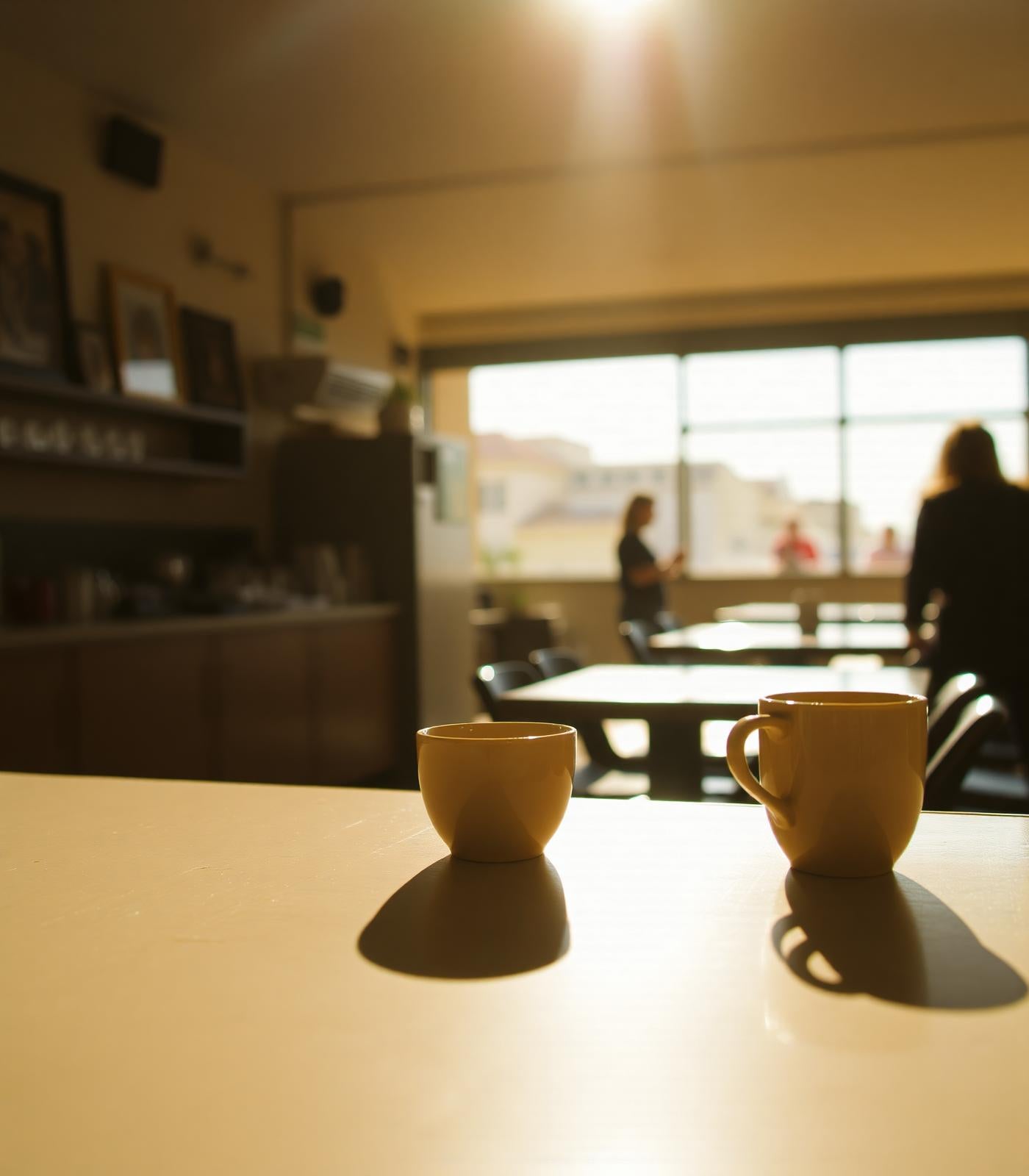 A Portuguese cafe counter in morning light with a small ceramic espresso cup